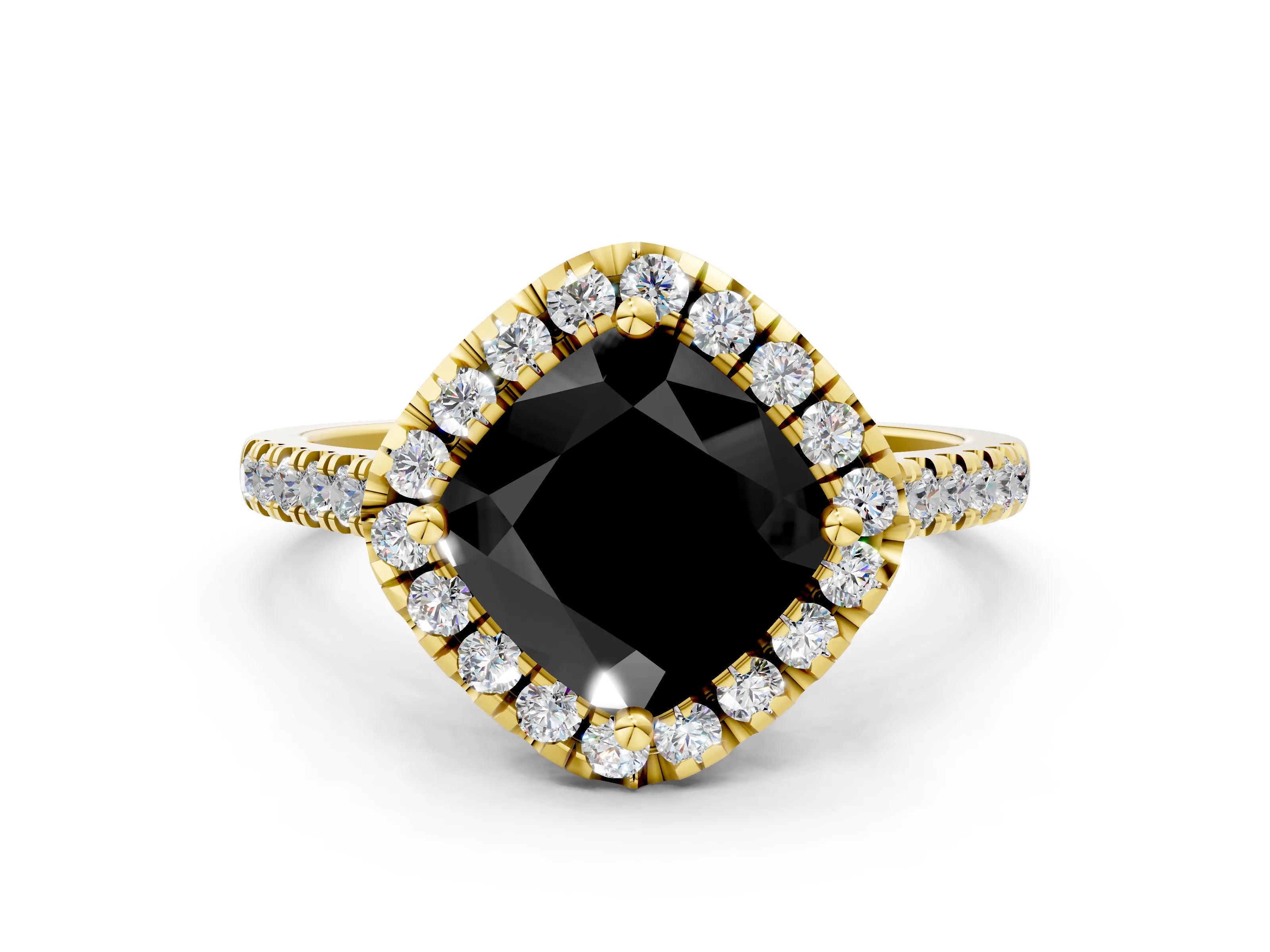 Yellow gold Fancy Black Cushion Cut Diamond Cushion Halo Ring with Pavé Band