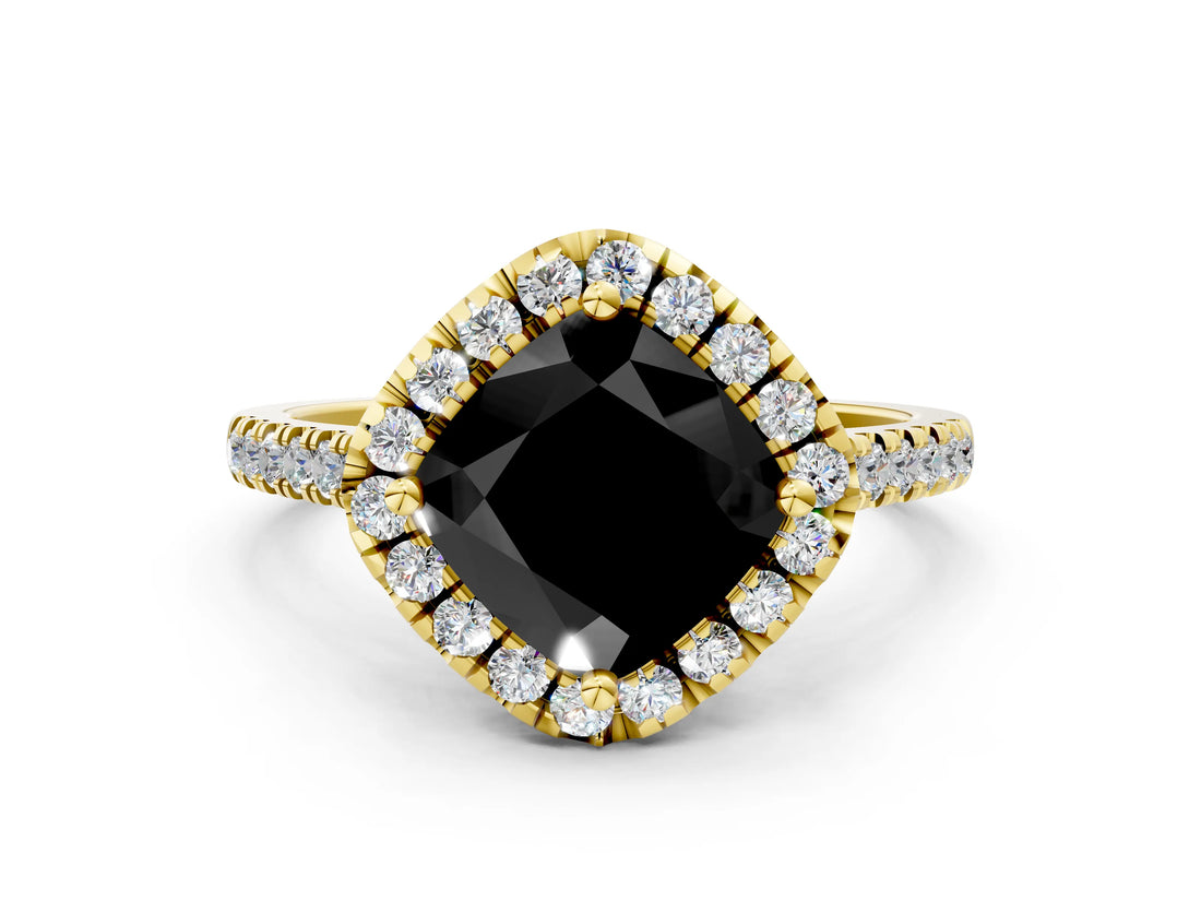 Yellow gold Fancy Black Cushion Cut Diamond Cushion Halo Ring with Pavé Band