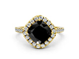 Yellow gold Fancy Black Cushion Cut Diamond Cushion Halo Ring with Pavé Band
