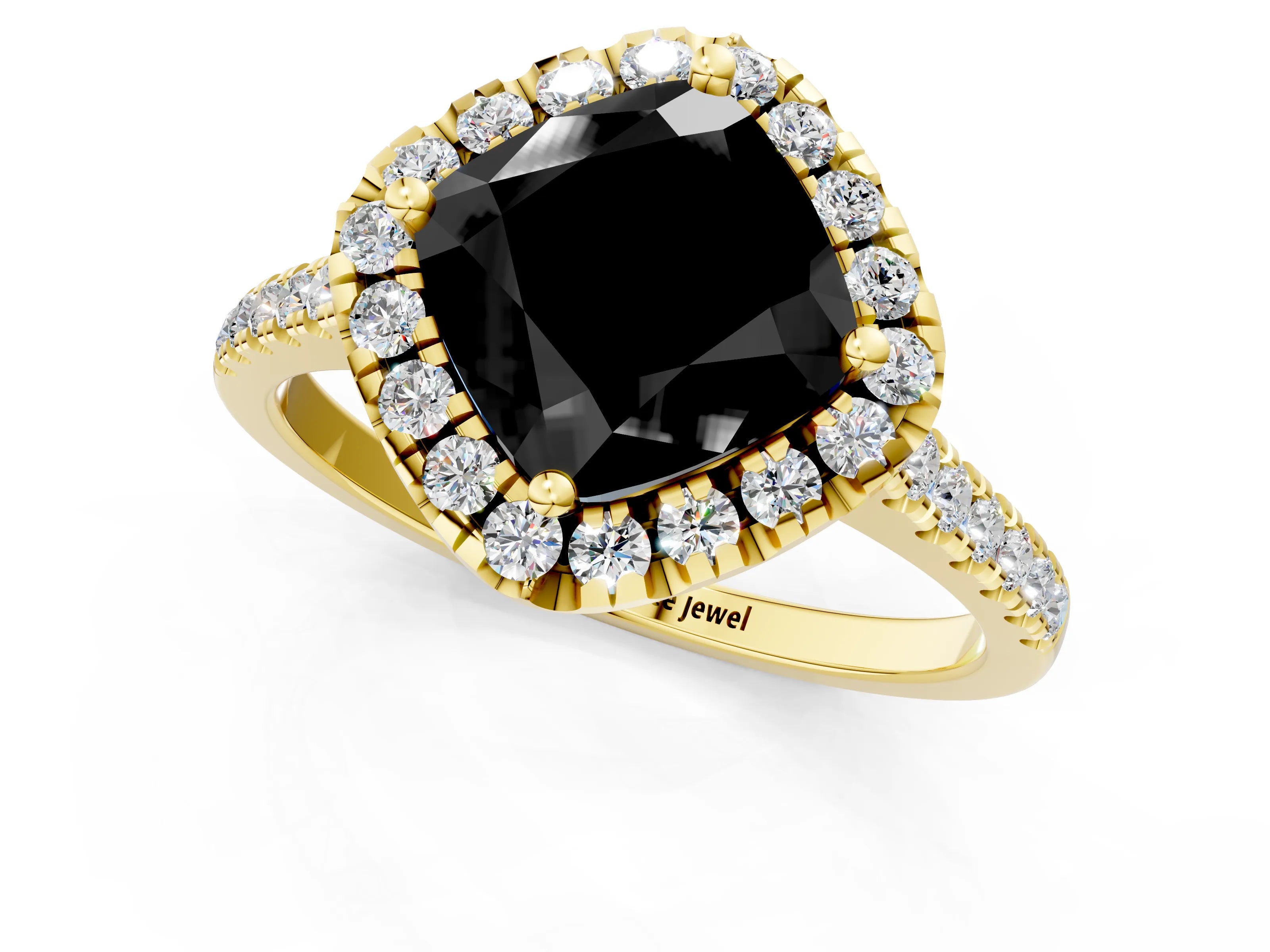 Yellow gold Fancy Black Cushion Cut Diamond Cushion Halo Ring with Pavé Band_1
