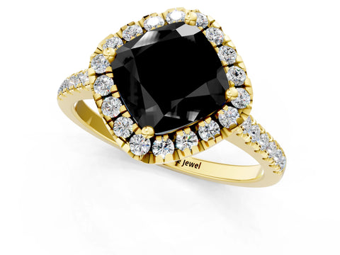 Yellow gold Fancy Black Cushion Cut Diamond Cushion Halo Ring with Pavé Band_1