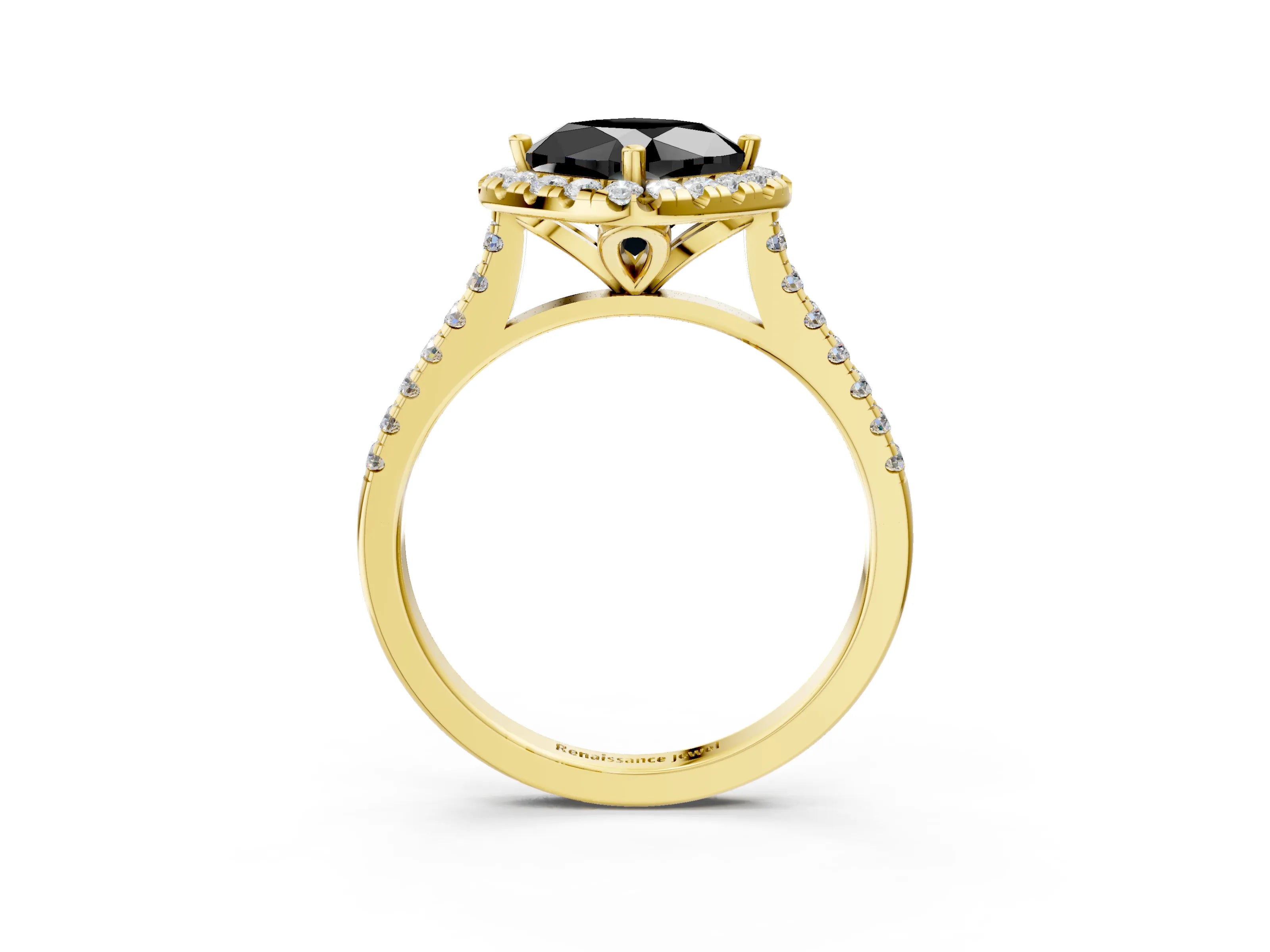 Yellow gold Fancy Black Cushion Cut Diamond Cushion Halo Ring with Pavé Band_3