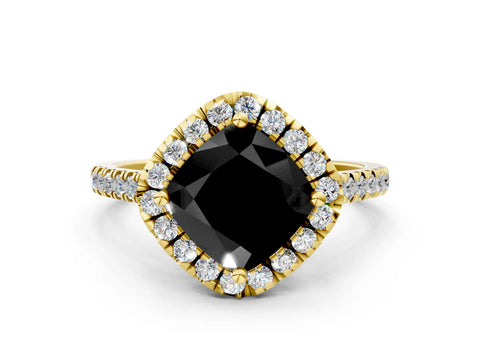 Yellow gold Fancy Black Cushion Cut Diamond Cushion Halo Ring with Pavé Band