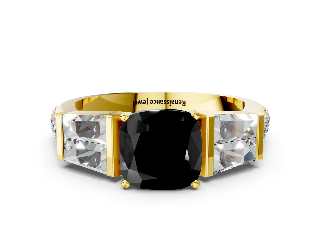 Yellow gold Fancy Black Cushion Cut Diamond Engagement Ring with Baguette Side Stones and Channel Set Band_12