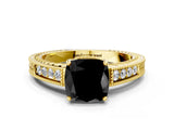 Yellow gold Fancy Black Cushion Cut Diamond Engagement Ring with Milgrain Channel Set Band and Prong Setting