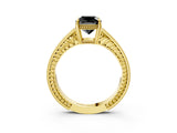 Yellow gold Fancy Black Cushion Cut Diamond Engagement Ring with Milgrain Channel Set Band and Prong Setting_3
