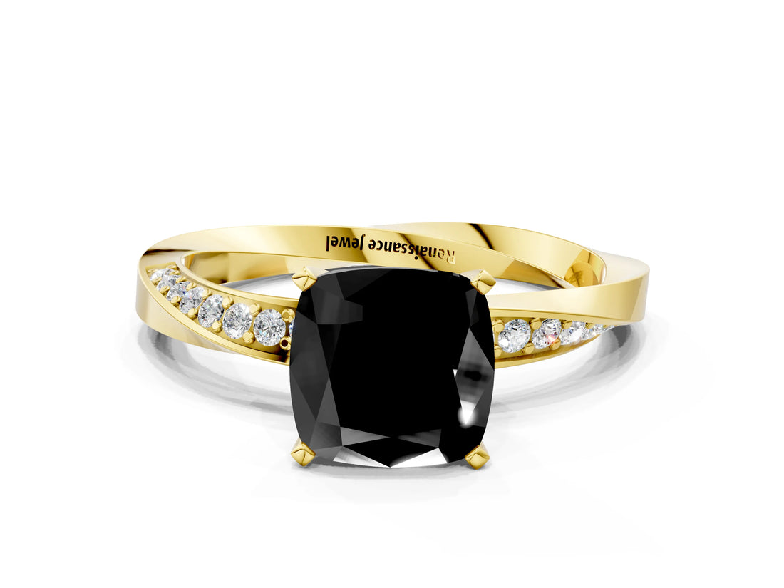 Yellow gold Fancy Black Cushion Cut Diamond Engagement Ring with Side Stone Accents and Four-Prong Setting_12