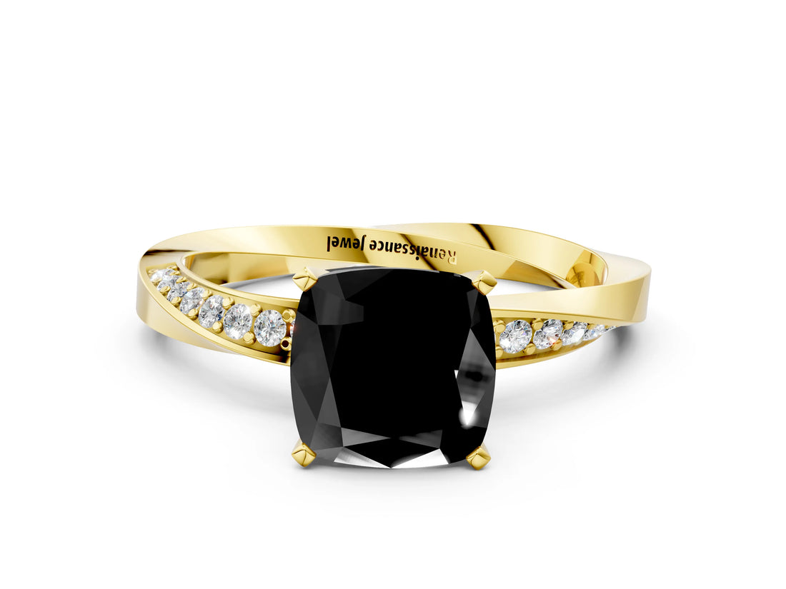 Yellow gold Fancy Black Cushion Cut Diamond Engagement Ring with Side Stone Accents and Four-Prong Setting_72