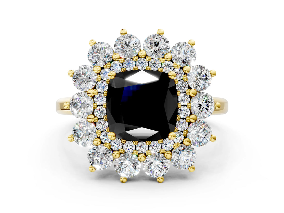 Yellow gold Fancy Black Cushion Cut Diamond Floral Double Halo Engagement Ring with Prong Setting_24