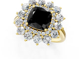 Yellow gold Fancy Black Cushion Cut Diamond Floral Double Halo Engagement Ring with Prong Setting_61