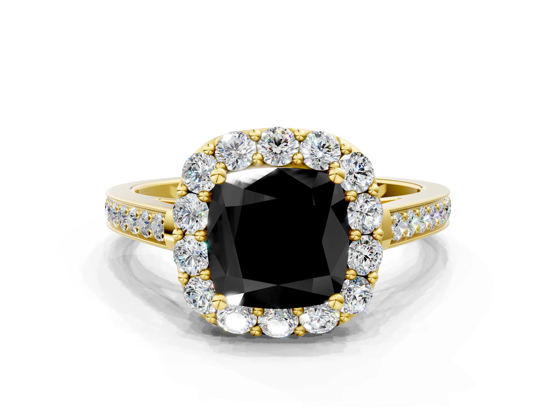 Yellow gold Fancy Black Cushion Cut Diamond Floral Halo Ring with Pavé Band and Prong Setting_3