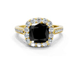 Yellow gold Fancy Black Cushion Cut Diamond Floral Halo Ring with Pavé Band and Prong Setting_3