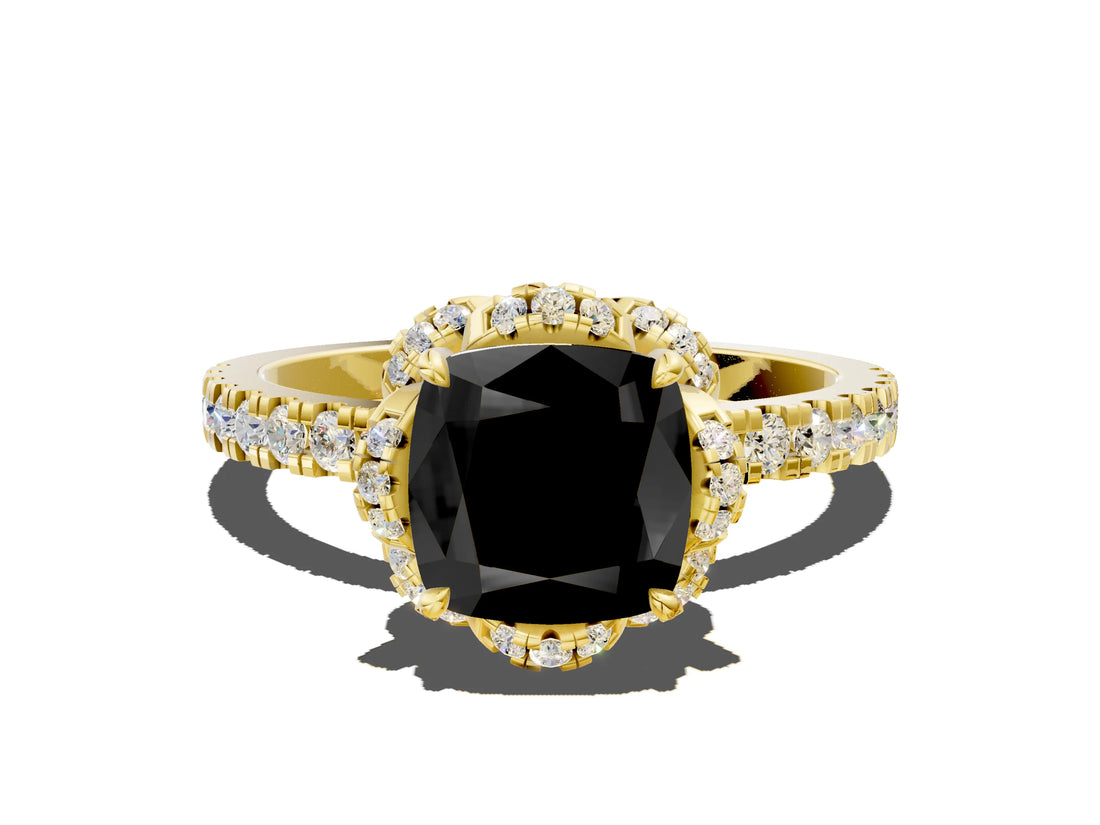 Yellow gold Fancy Black Cushion Cut Diamond Halo Pave Band with Four-Prong Setting_3
