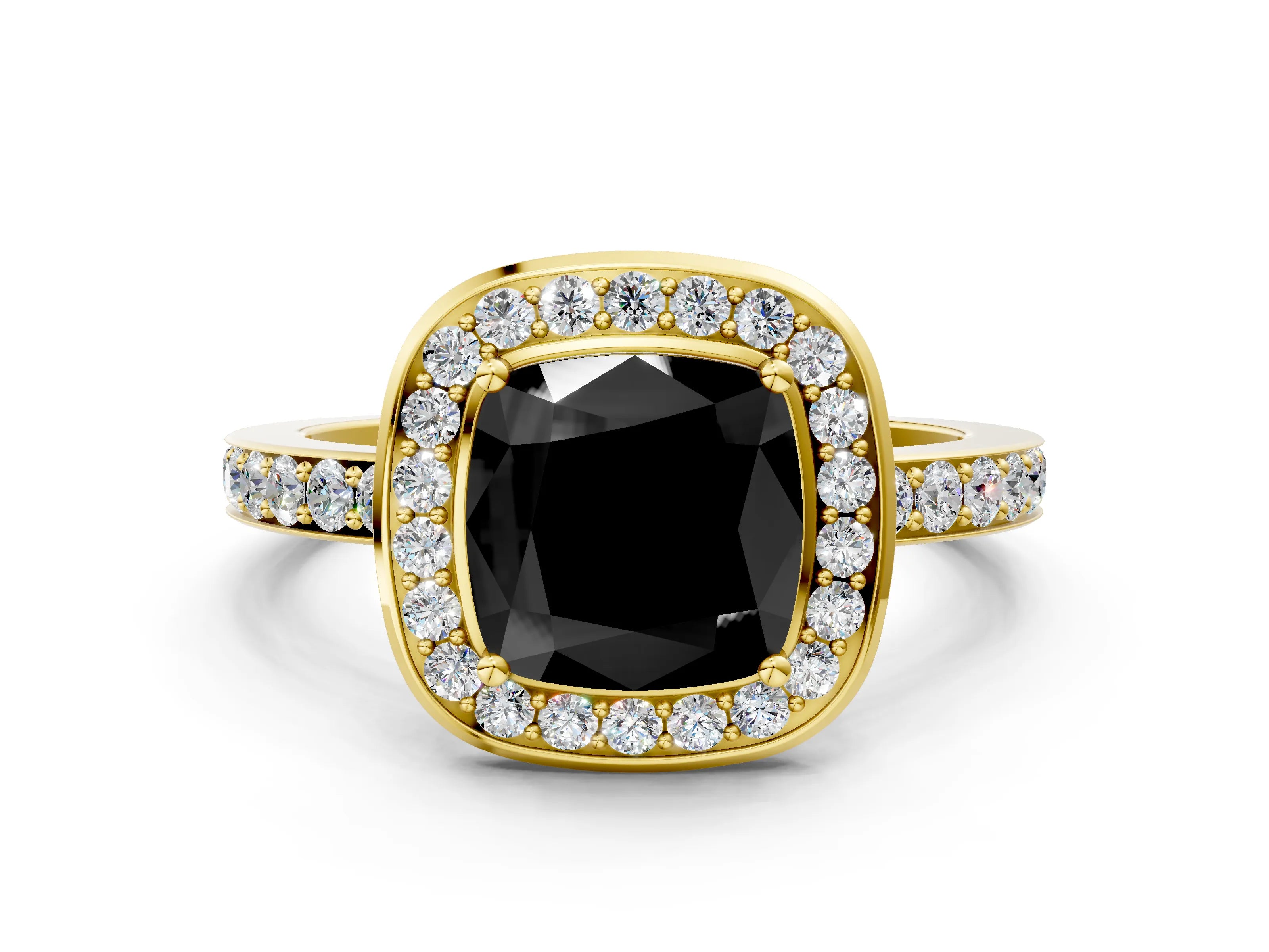 Yellow gold Fancy Black Cushion Cut Diamond Halo Ring with Bezel Frame and Pavé Band