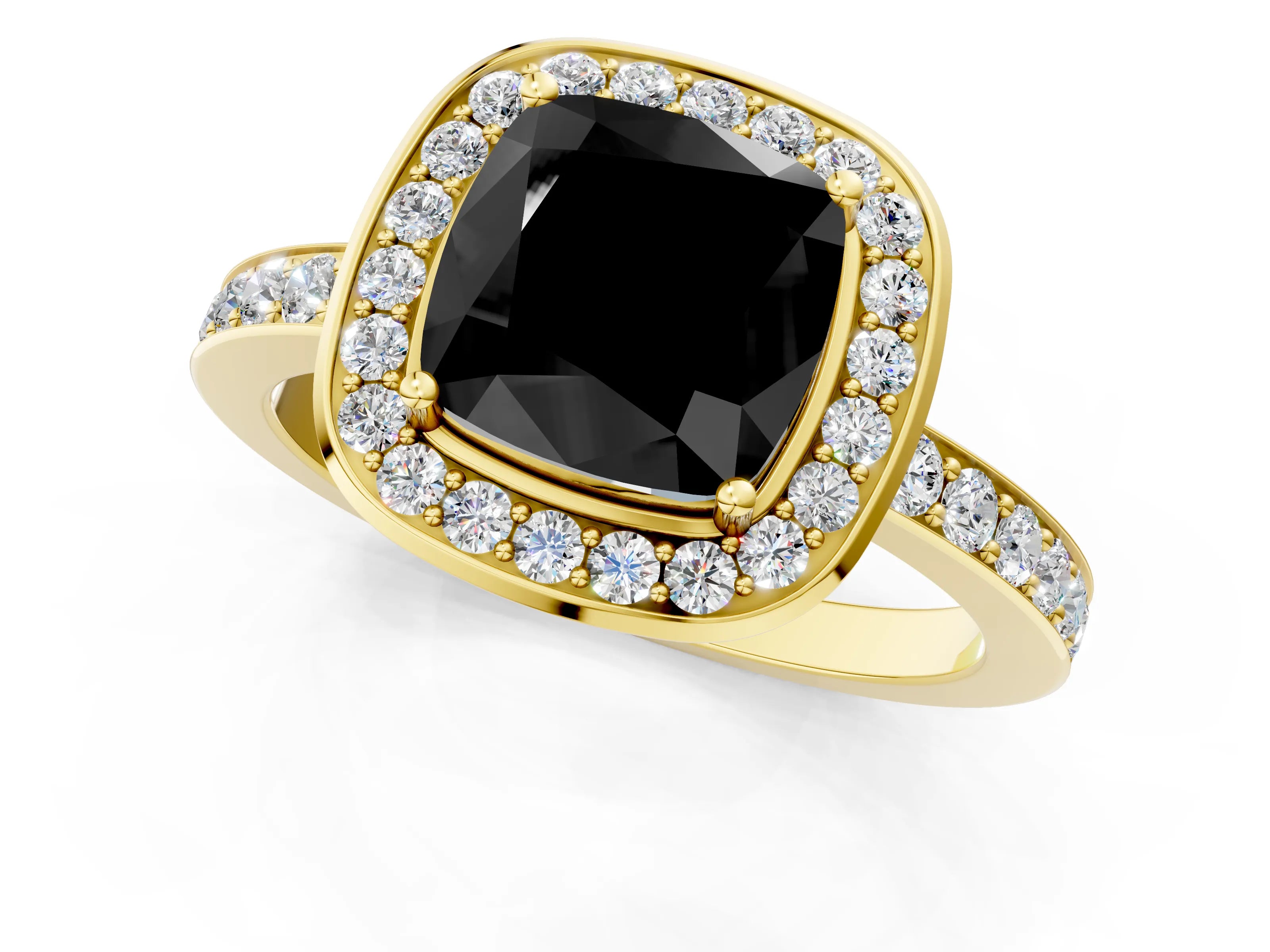 Yellow gold Fancy Black Cushion Cut Diamond Halo Ring with Bezel Frame and Pavé Band_1