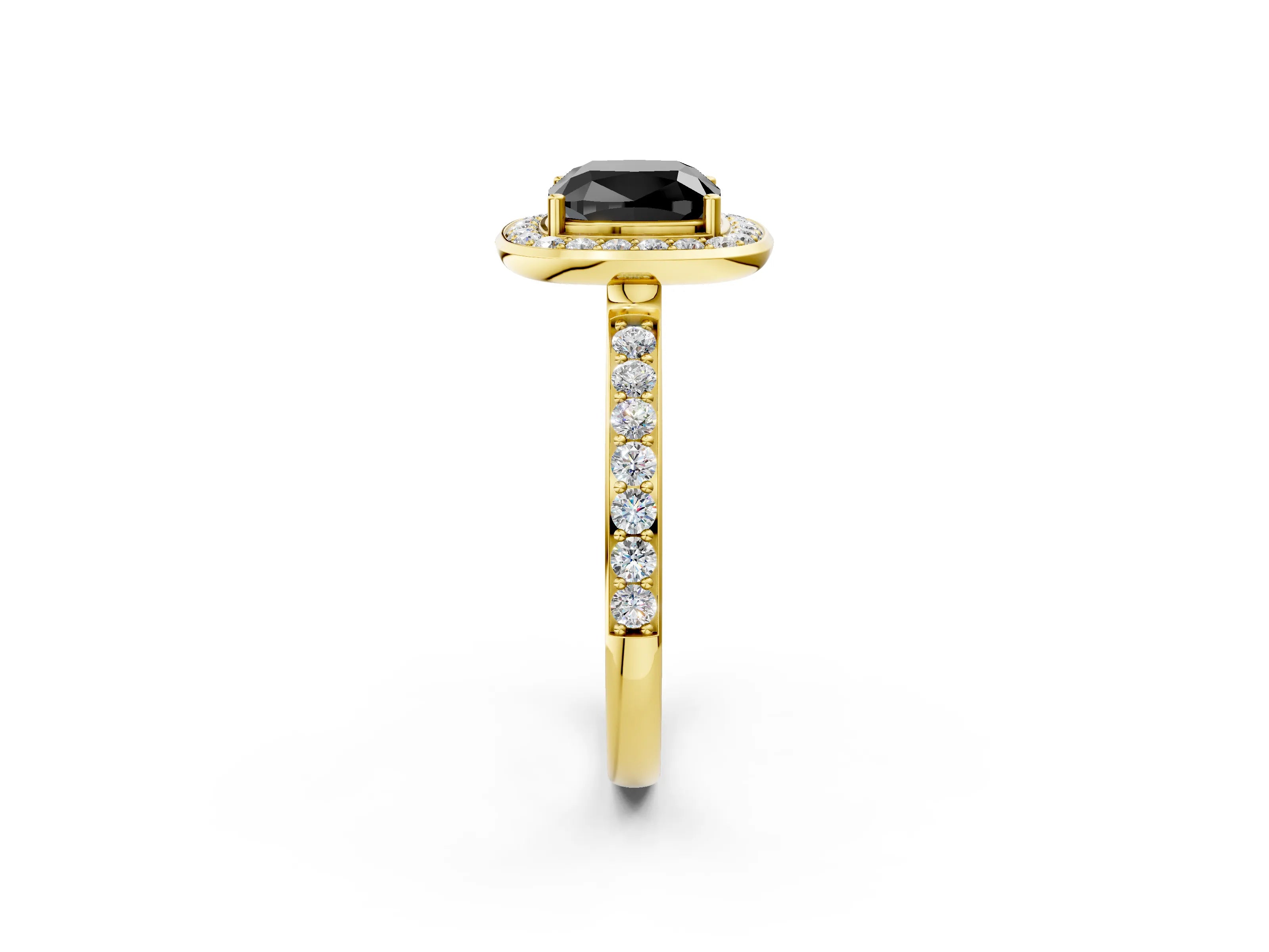 Yellow gold Fancy Black Cushion Cut Diamond Halo Ring with Bezel Frame and Pavé Band_2