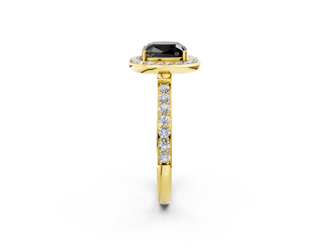 Yellow gold Fancy Black Cushion Cut Diamond Halo Ring with Bezel Frame and Pavé Band_2