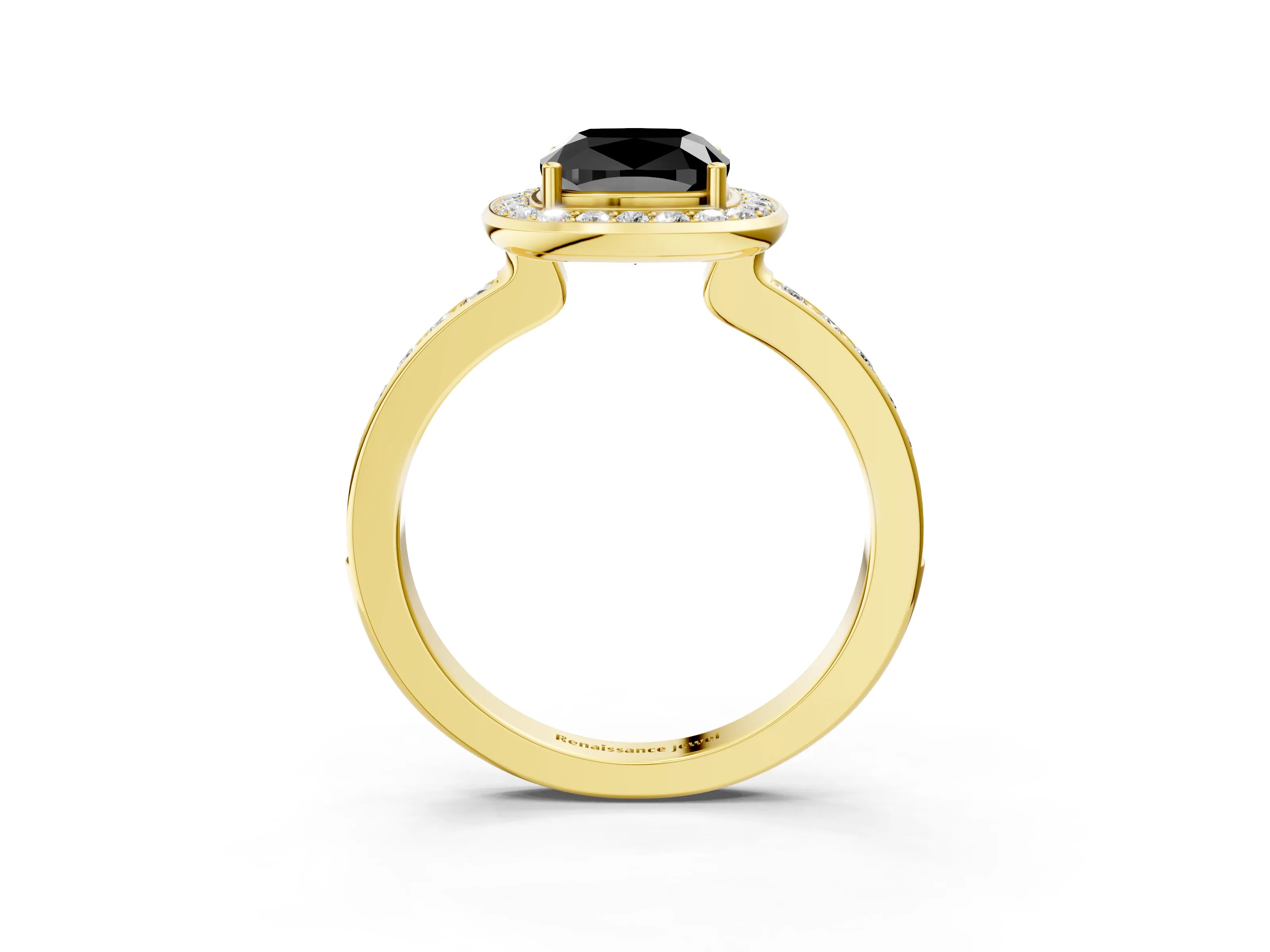 Yellow gold Fancy Black Cushion Cut Diamond Halo Ring with Bezel Frame and Pavé Band_3