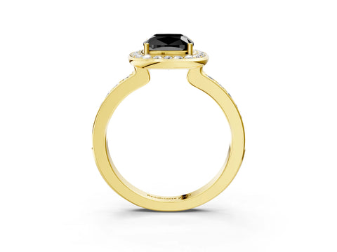 Yellow gold Fancy Black Cushion Cut Diamond Halo Ring with Bezel Frame and Pavé Band_3