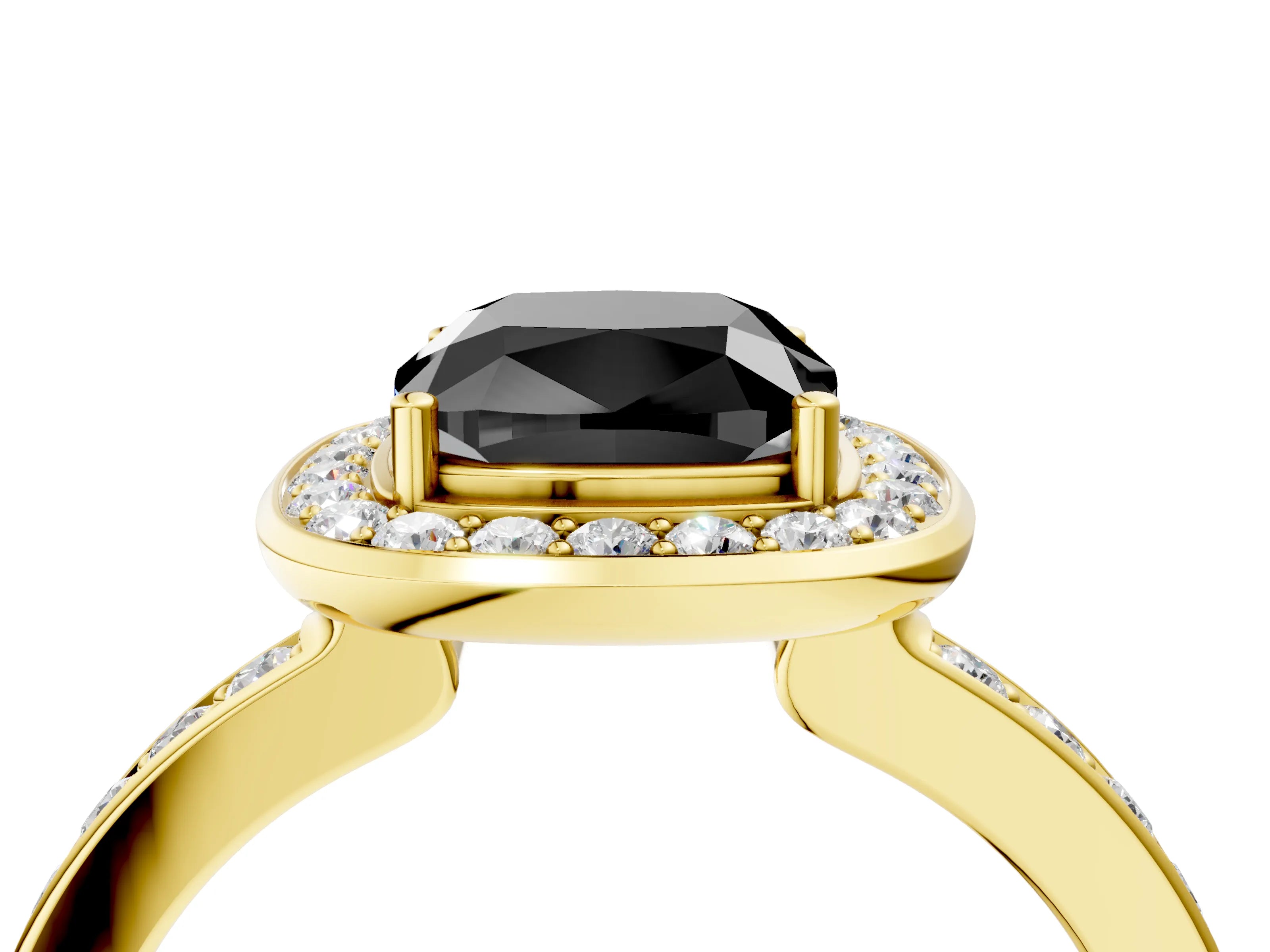 Yellow gold Fancy Black Cushion Cut Diamond Halo Ring with Bezel Frame and Pavé Band_4