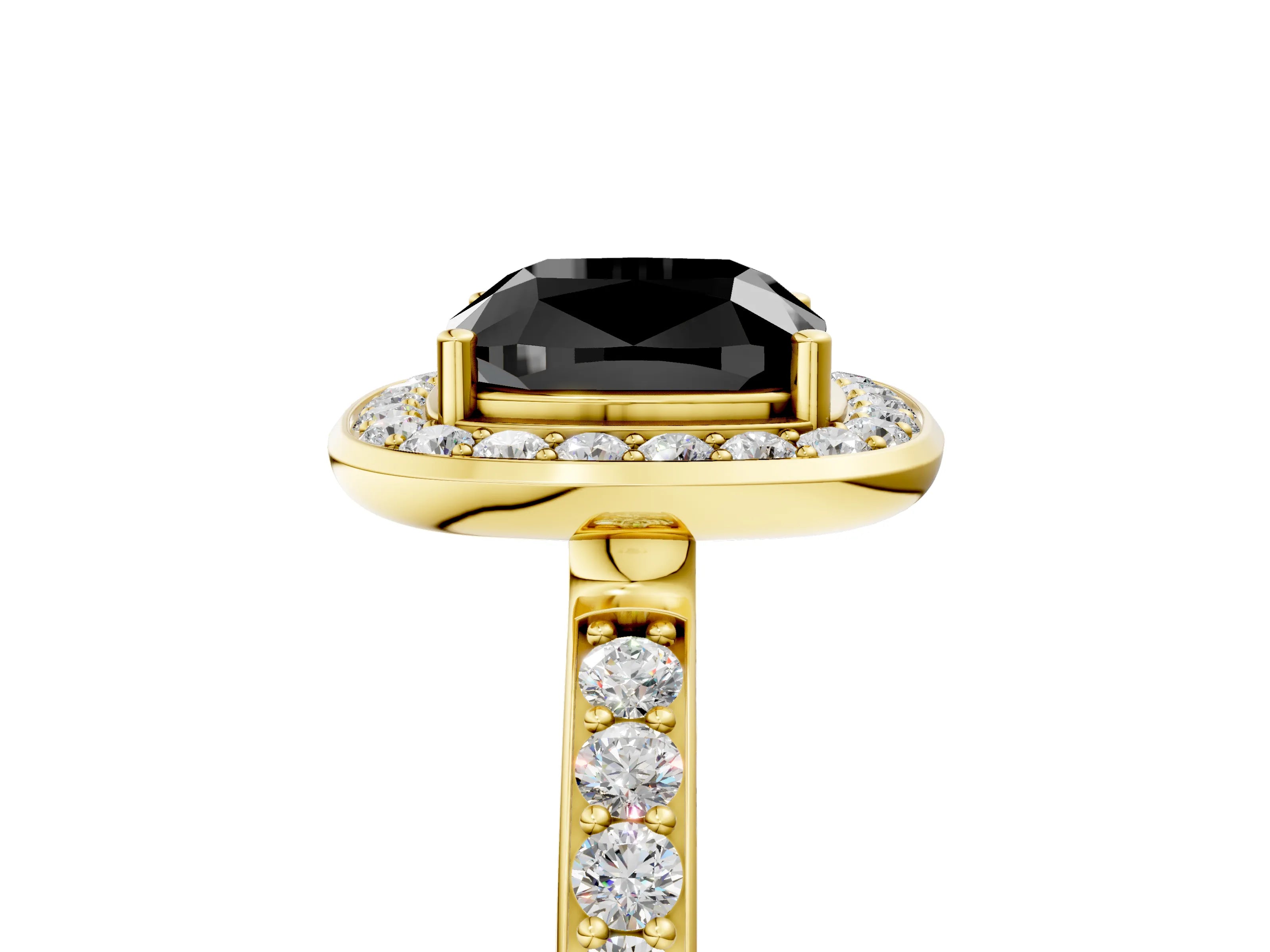 Yellow gold Fancy Black Cushion Cut Diamond Halo Ring with Bezel Frame and Pavé Band_5