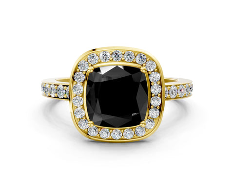Yellow gold Fancy Black Cushion Cut Diamond Halo Ring with Bezel Frame and Pavé Band