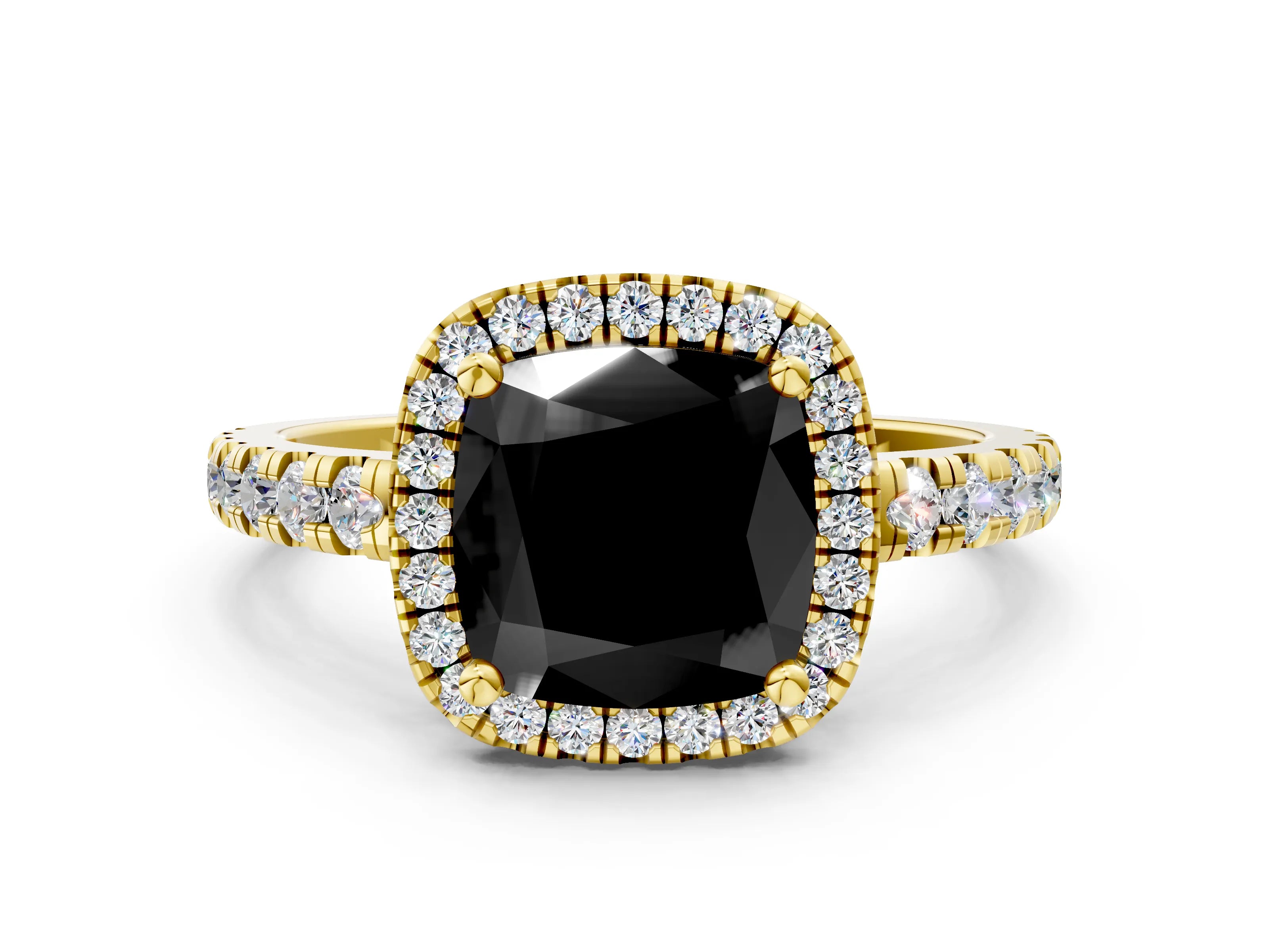 Yellow gold Fancy Black Cushion Cut Diamond Halo Ring with Pavé Band and Four-Prong Setting