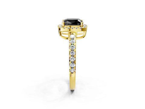Yellow gold Fancy Black Cushion Cut Diamond Halo Ring with Pavé Band and Four-Prong Setting_2