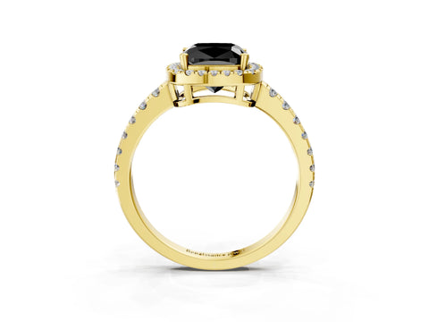 Yellow gold Fancy Black Cushion Cut Diamond Halo Ring with Pavé Band and Four-Prong Setting_3