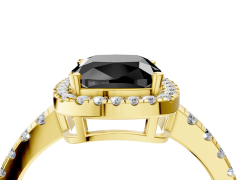 Yellow gold Fancy Black Cushion Cut Diamond Halo Ring with Pavé Band and Four-Prong Setting_4