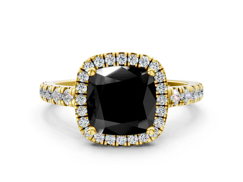 Yellow gold Fancy Black Cushion Cut Diamond Halo Ring with Pavé Band and Four-Prong Setting