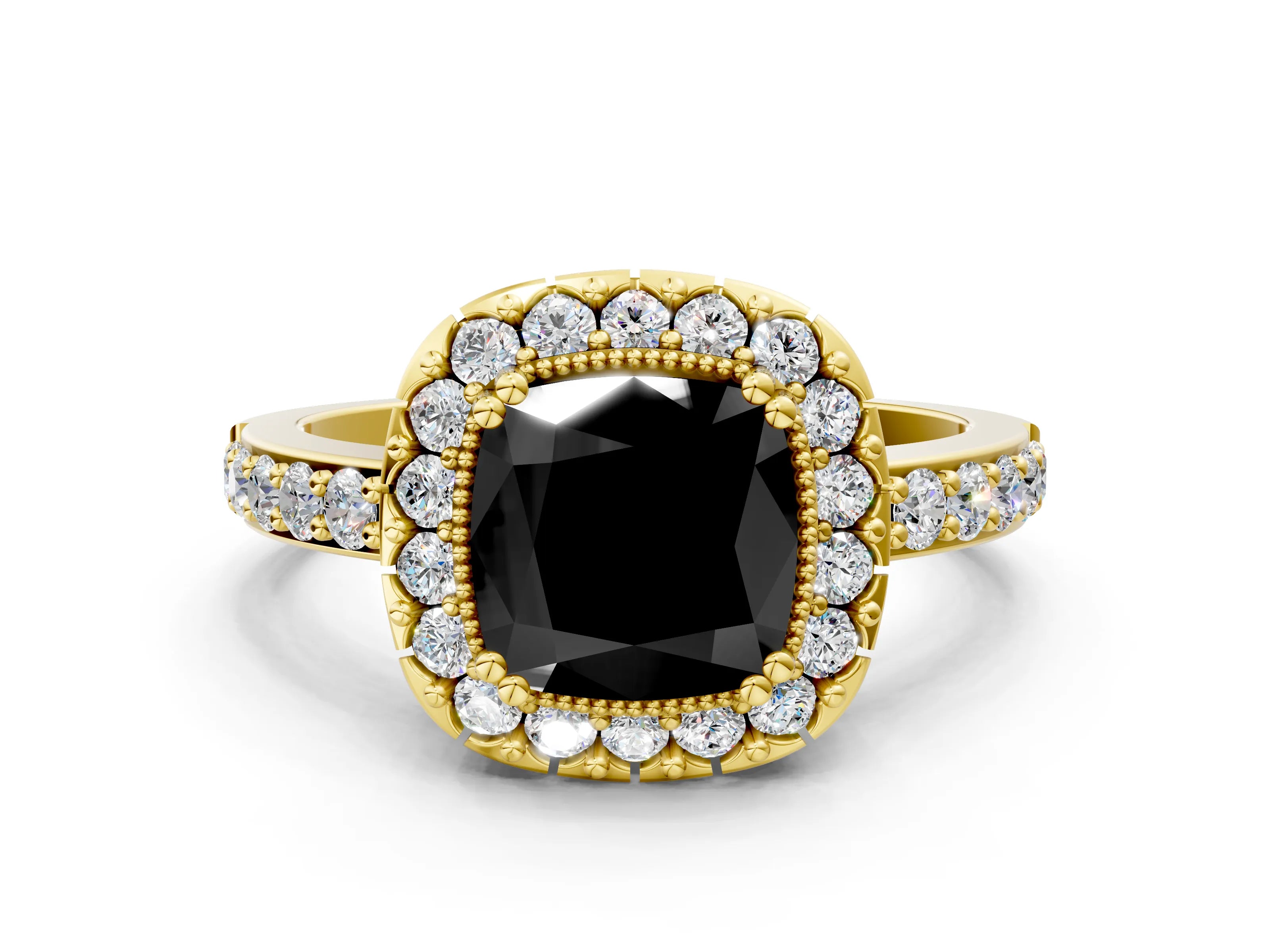 Yellow gold Fancy Black Cushion Cut Diamond Halo Ring with Pavé Band and Prong Setting