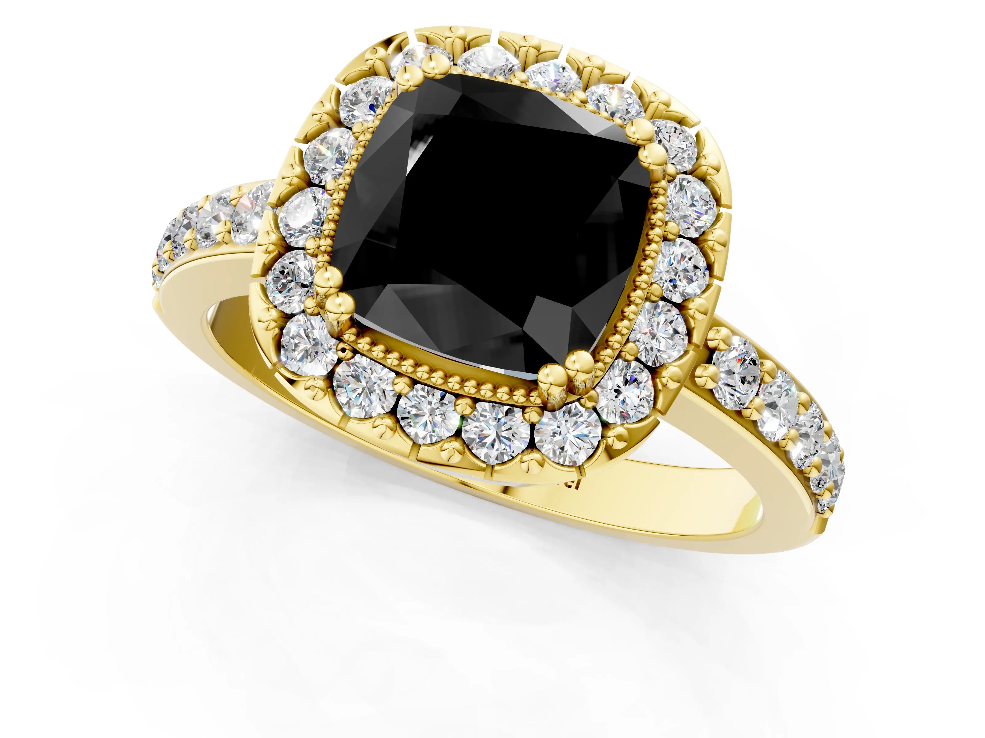 Yellow gold Fancy Black Cushion Cut Diamond Halo Ring with Pavé Band and Prong Setting_1