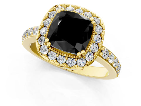 Yellow gold Fancy Black Cushion Cut Diamond Halo Ring with Pavé Band and Prong Setting_1