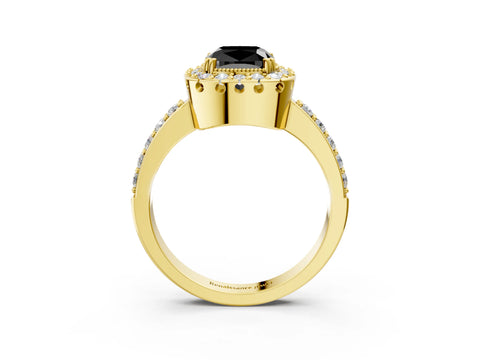 Yellow gold Fancy Black Cushion Cut Diamond Halo Ring with Pavé Band and Prong Setting_3