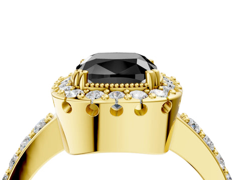 Yellow gold Fancy Black Cushion Cut Diamond Halo Ring with Pavé Band and Prong Setting_4