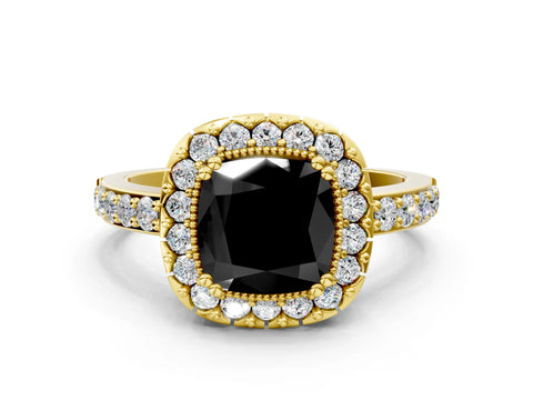 Yellow gold Fancy Black Cushion Cut Diamond Halo Ring with Pavé Band and Prong Setting