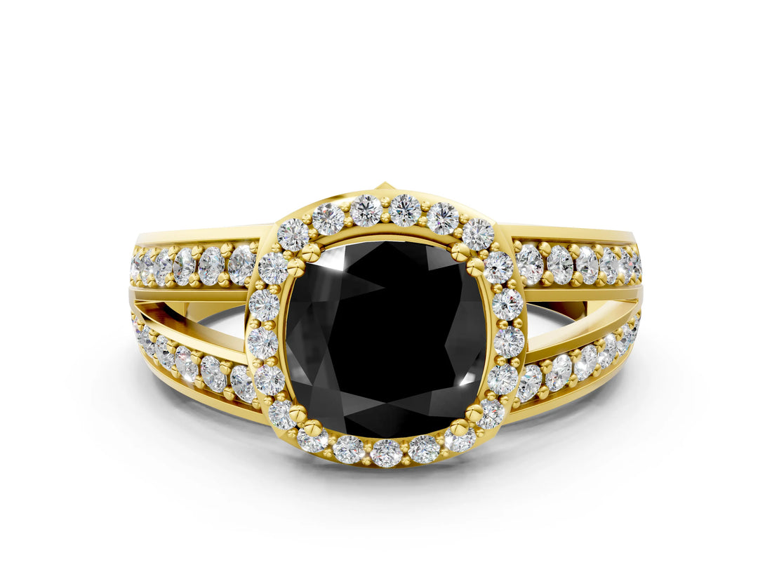 Yellow gold Fancy Black Cushion Cut Diamond Halo Ring with Split Shank Pavé Band and Four-Prong Setting