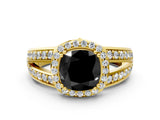 Yellow gold Fancy Black Cushion Cut Diamond Halo Ring with Split Shank Pavé Band and Four-Prong Setting