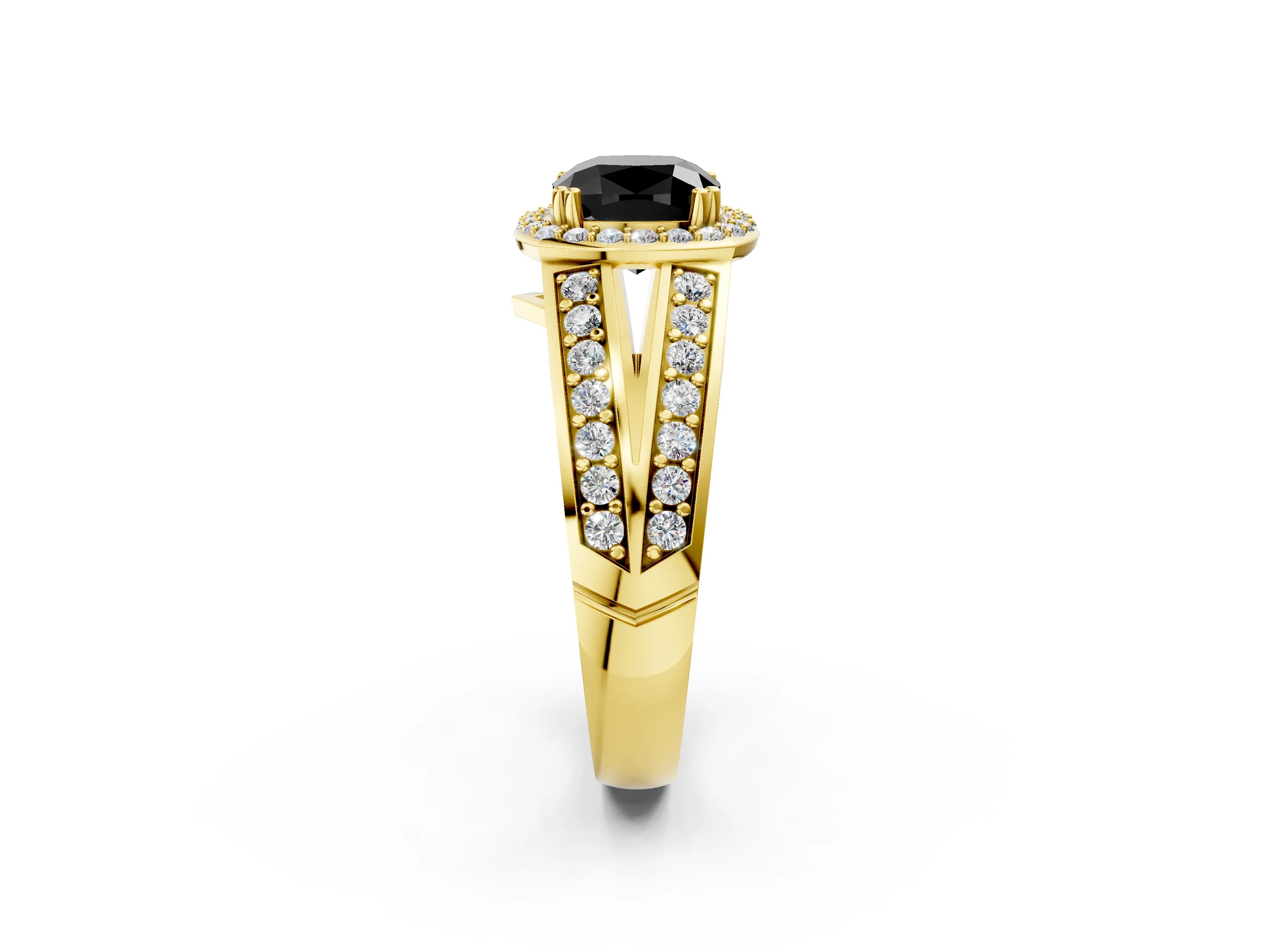 Yellow gold Fancy Black Cushion Cut Diamond Halo Ring with Split Shank Pavé Band and Four-Prong Setting_2