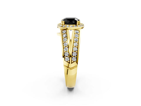 Yellow gold Fancy Black Cushion Cut Diamond Halo Ring with Split Shank Pavé Band and Four-Prong Setting_2
