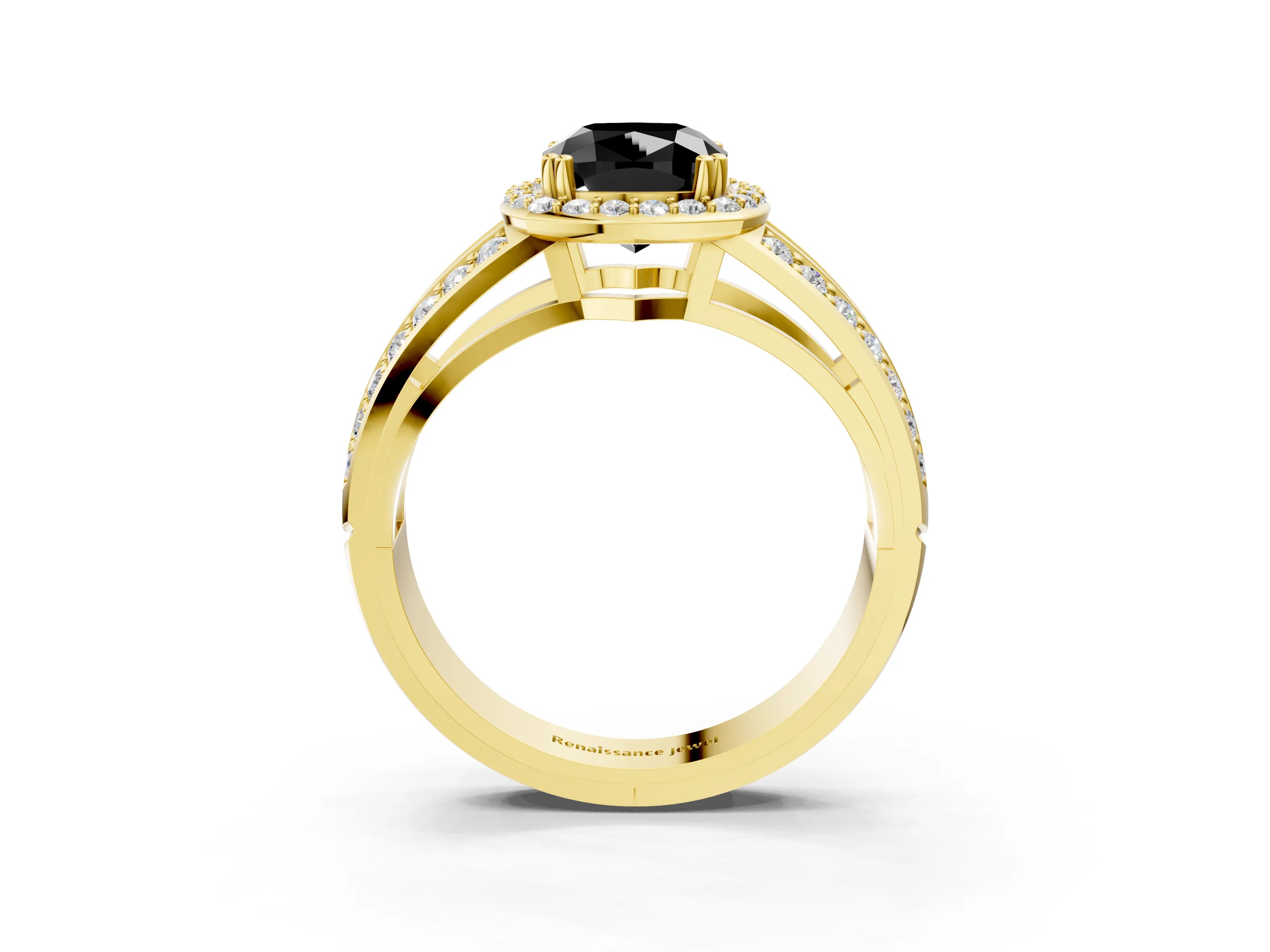 Yellow gold Fancy Black Cushion Cut Diamond Halo Ring with Split Shank Pavé Band and Four-Prong Setting_3