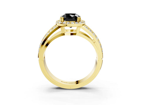 Yellow gold Fancy Black Cushion Cut Diamond Halo Ring with Split Shank Pavé Band and Four-Prong Setting_3