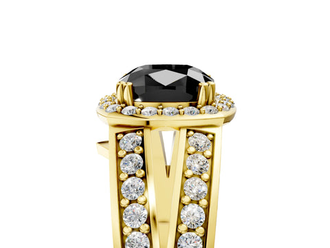 Yellow gold Fancy Black Cushion Cut Diamond Halo Ring with Split Shank Pavé Band and Four-Prong Setting_5