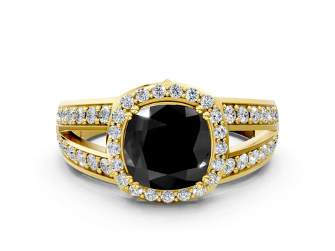 Yellow gold Fancy Black Cushion Cut Diamond Halo Ring with Split Shank Pavé Band and Four-Prong Setting