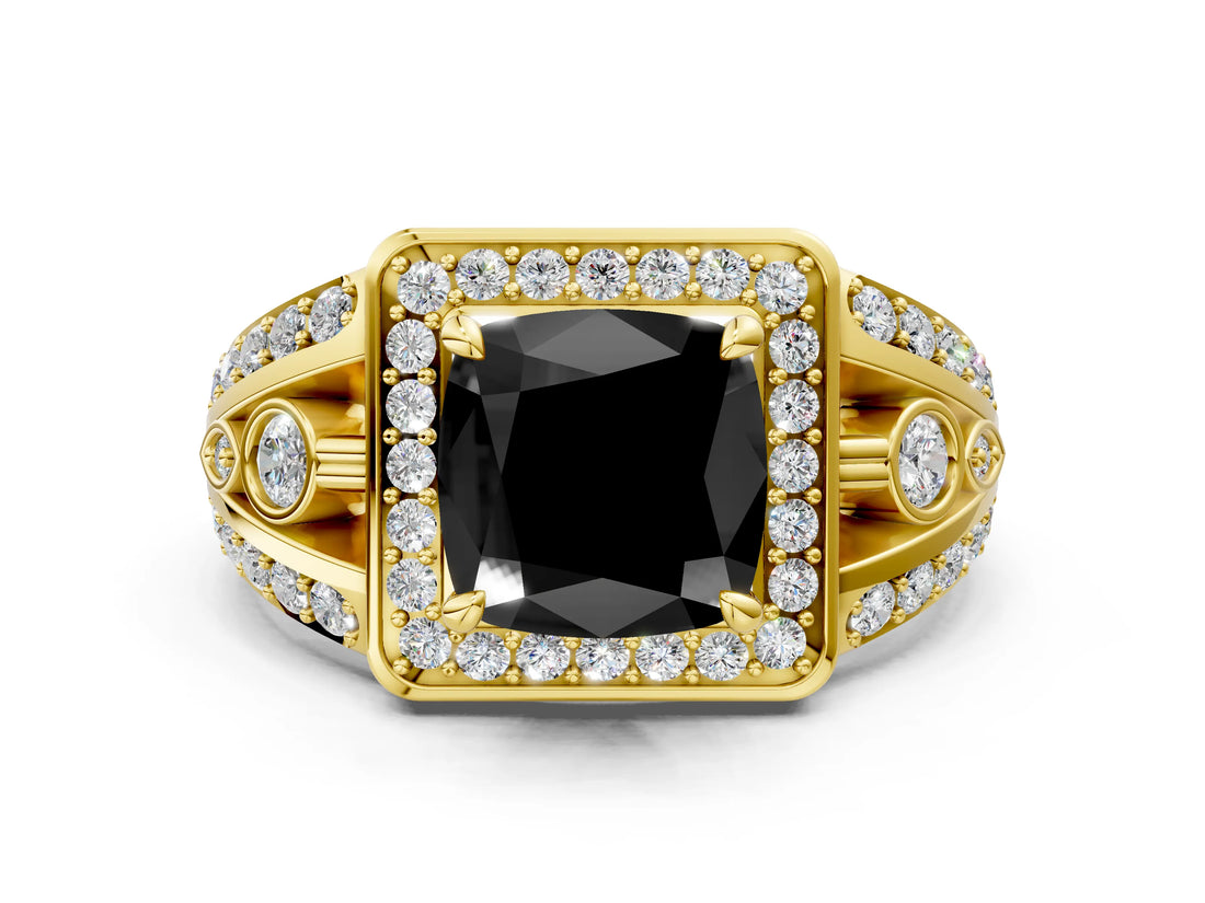 Yellow gold Fancy Black Cushion Cut Diamond Halo Ring with Split Shank and Bezel Accents and Four-Prong Setting