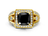 Yellow gold Fancy Black Cushion Cut Diamond Halo Ring with Split Shank and Bezel Accents and Four-Prong Setting