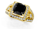 Yellow gold Fancy Black Cushion Cut Diamond Halo Ring with Split Shank and Bezel Accents and Four-Prong Setting_1