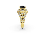 Yellow gold Fancy Black Cushion Cut Diamond Halo Ring with Split Shank and Bezel Accents and Four-Prong Setting_2