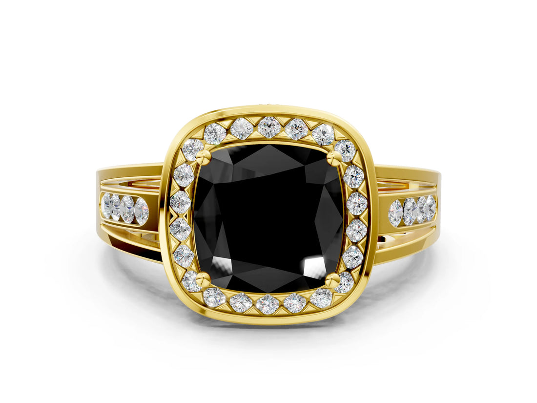 Yellow gold Fancy Black Cushion Cut Diamond Halo Ring with Split Shank and Bezel Accents and Prong Setting